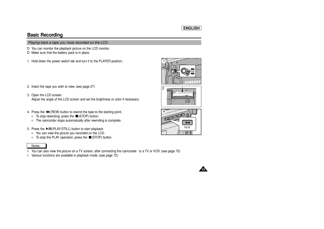 Samsung SCD86/D87 manual Playing back a tape you have recorded on the LCD 