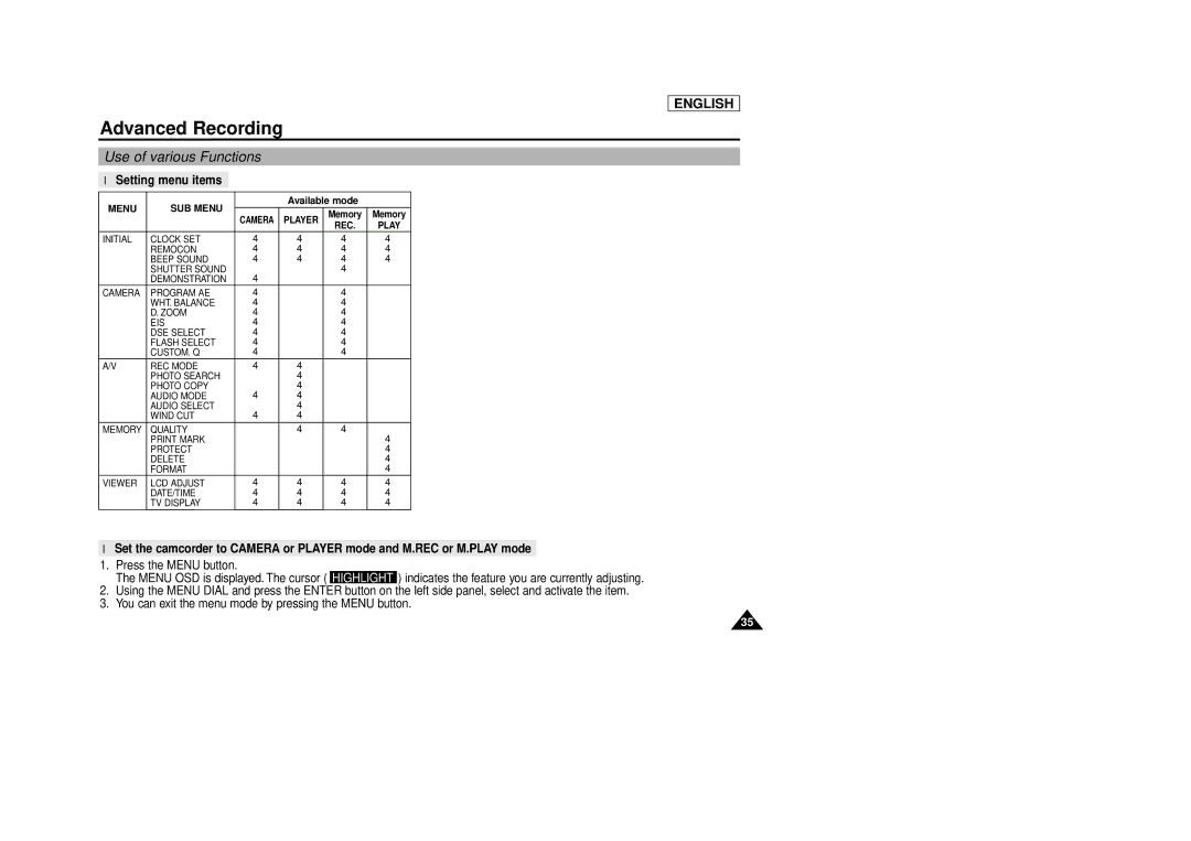 Samsung SCD86/D87 manual Advanced Recording, Use of various Functions, Setting menu items 