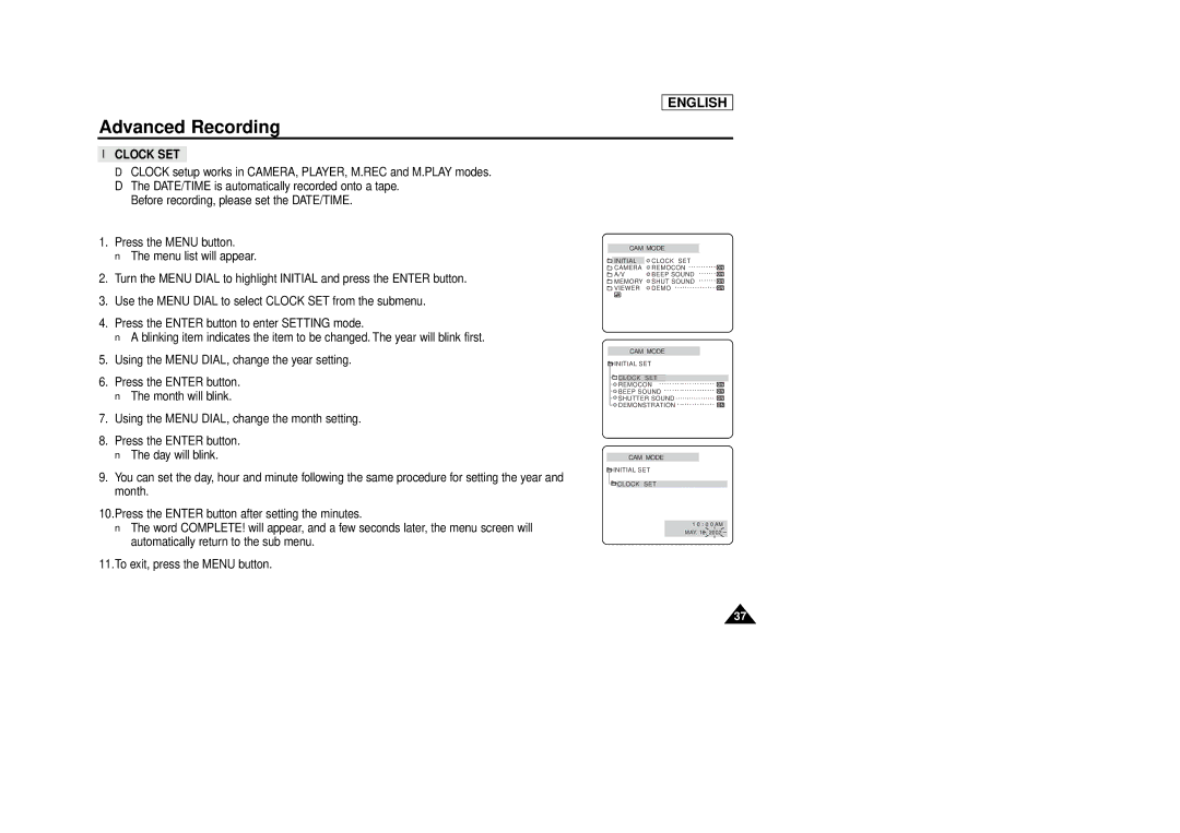 Samsung SCD86/D87 manual Clock SET 