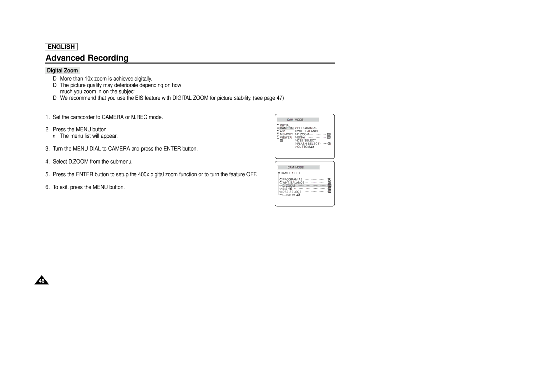 Samsung SCD86/D87 manual Digital Zoom 