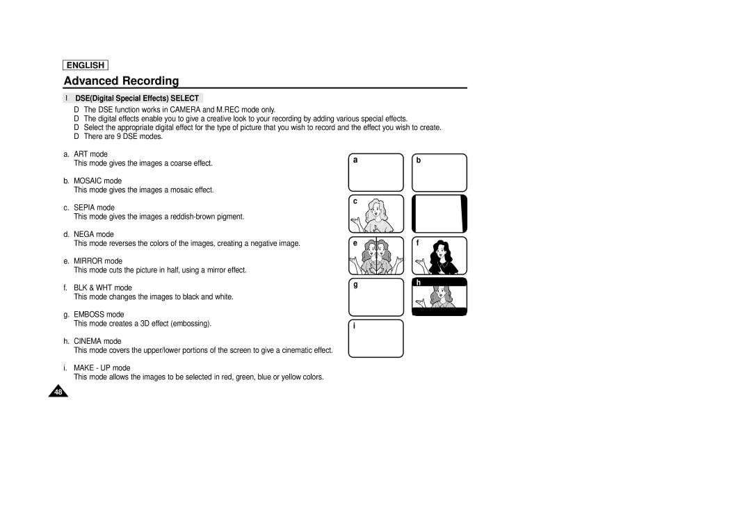 Samsung SCD86/D87 manual DSEDigital Special Effects Select 