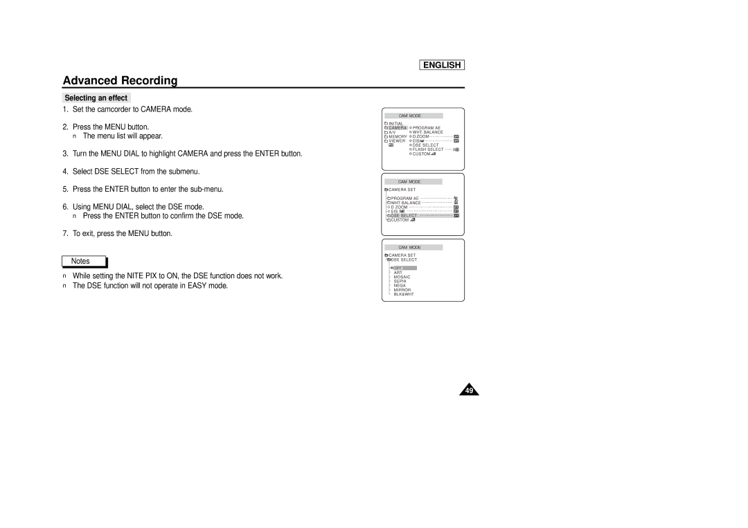 Samsung SCD86/D87 manual Selecting an effect 