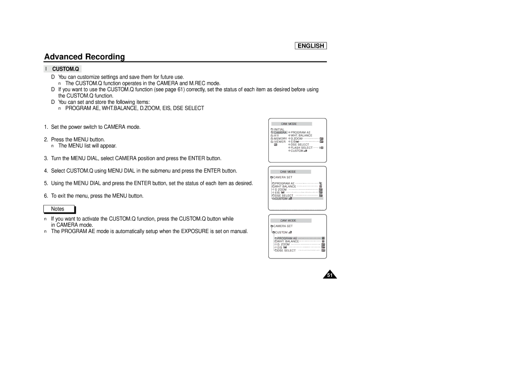 Samsung SCD86/D87 manual Custom.Q, Program AE, WHT.BALANCE, D.ZOOM, EIS, DSE Select 