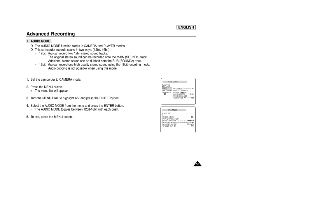 Samsung SCD86/D87 manual Audio Mode function works in Camera and Player modes 