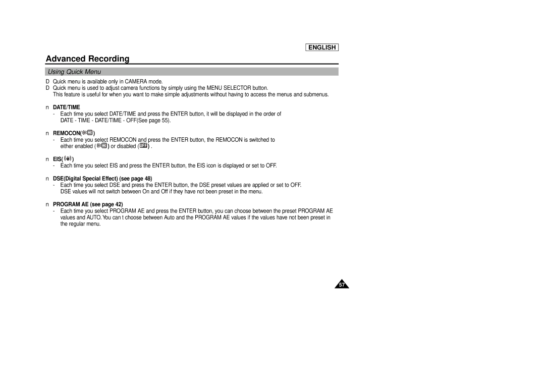 Samsung SCD86/D87 manual Using Quick Menu, Eis, DSEDigital Special Effect see 
