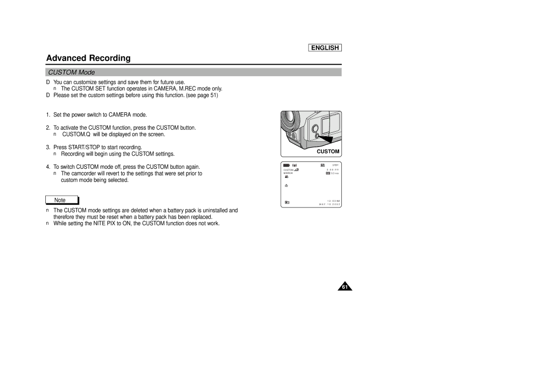 Samsung SCD86/D87 manual Custom Mode 