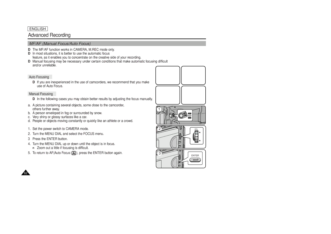 Samsung SCD86/D87 manual MF/AF Manual Focus/Auto Focus, Auto Focusing, Manual Focusing 