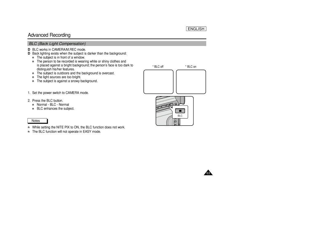 Samsung SCD86/D87 manual BLC Back Light Compensation 