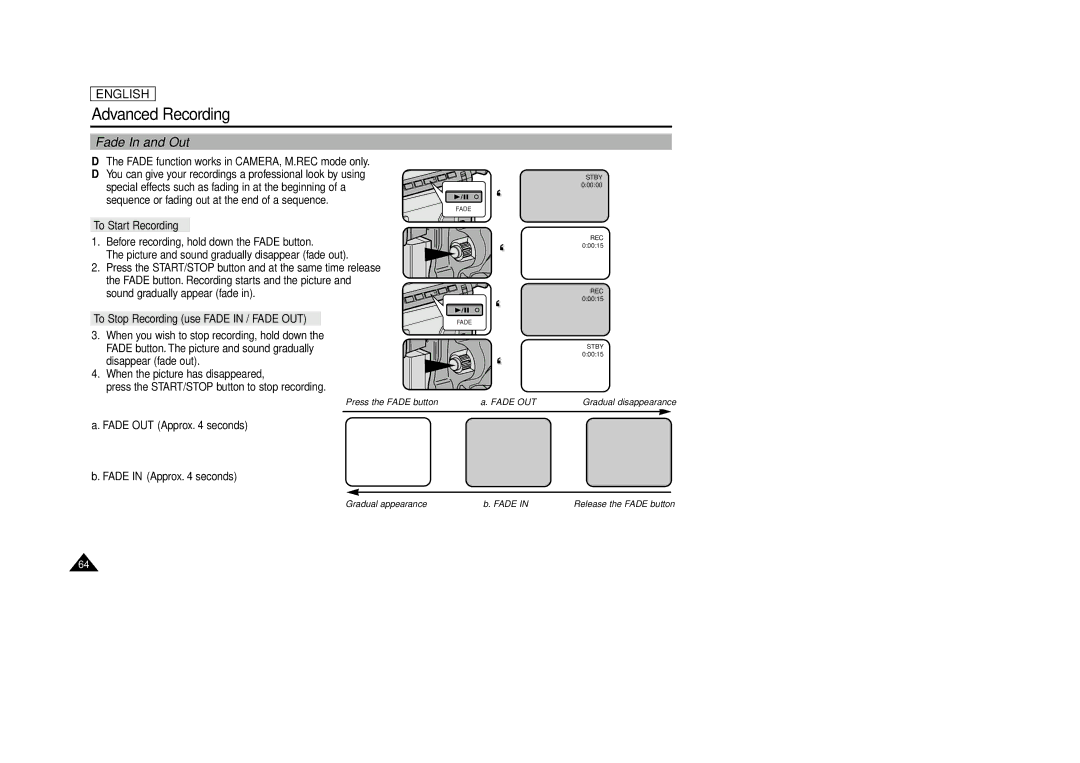 Samsung SCD86/D87 manual Fade In and Out, To Start Recording, To Stop Recording use Fade in / Fade OUT 