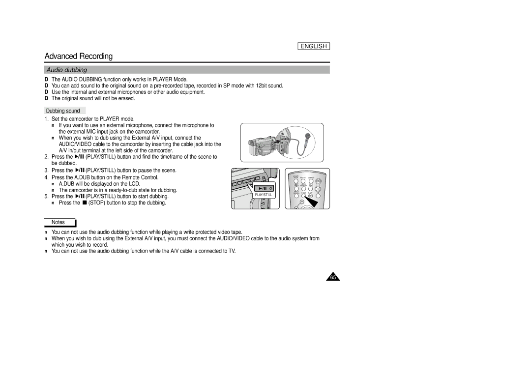 Samsung SCD86/D87 manual Audio dubbing, Dubbing sound 