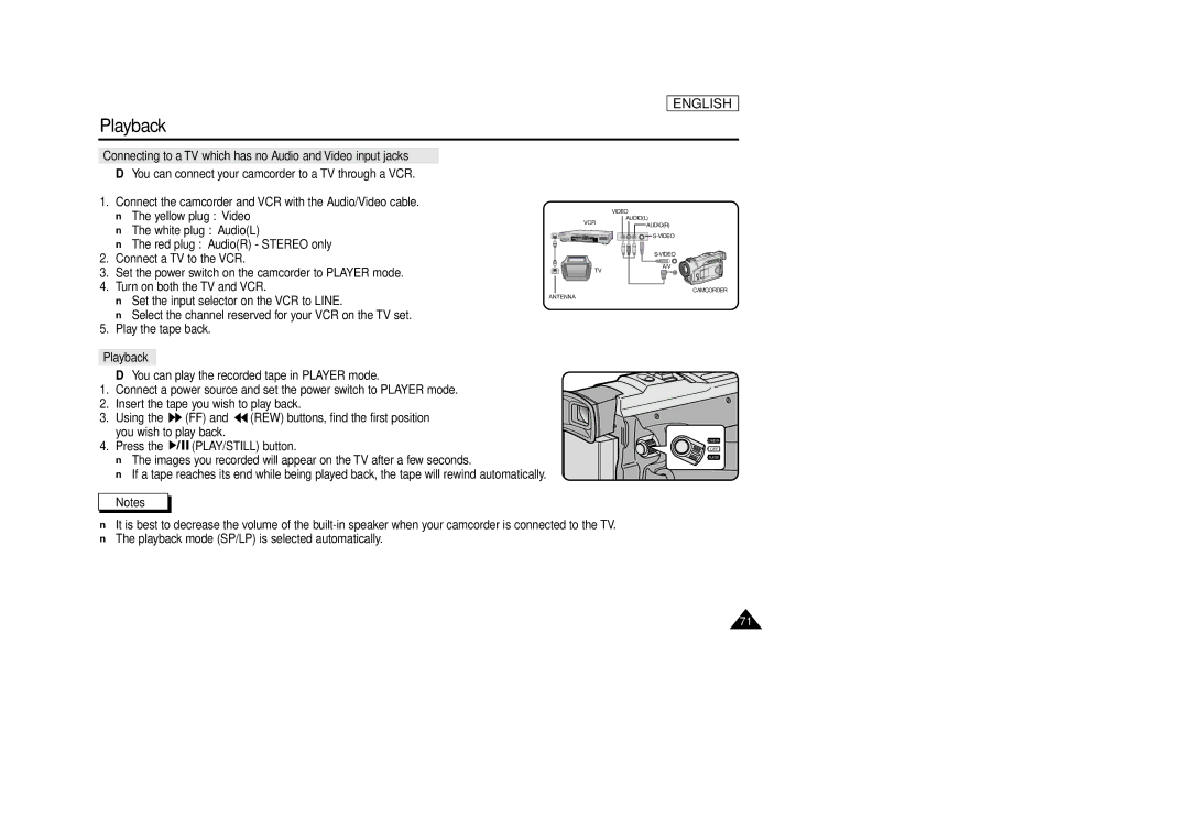 Samsung SCD86/D87 manual Connecting to a TV which has no Audio and Video input jacks, Playback 