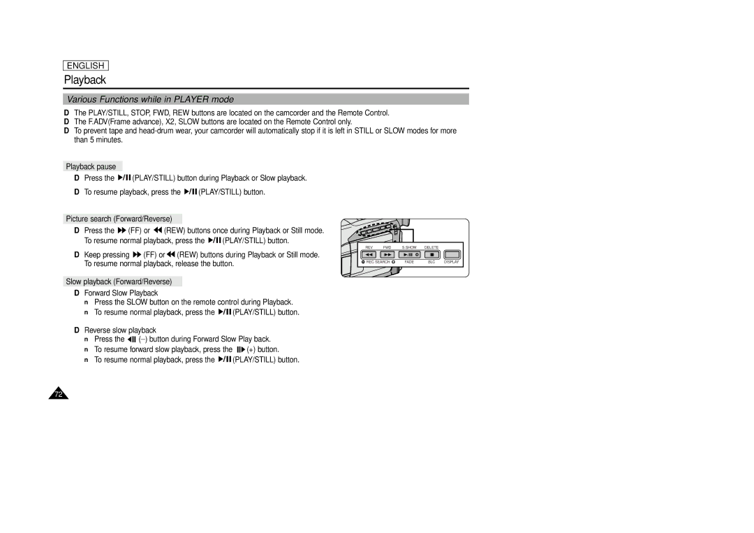 Samsung SCD86/D87 manual Various Functions while in Player mode, Playback pause, Picture search Forward/Reverse 