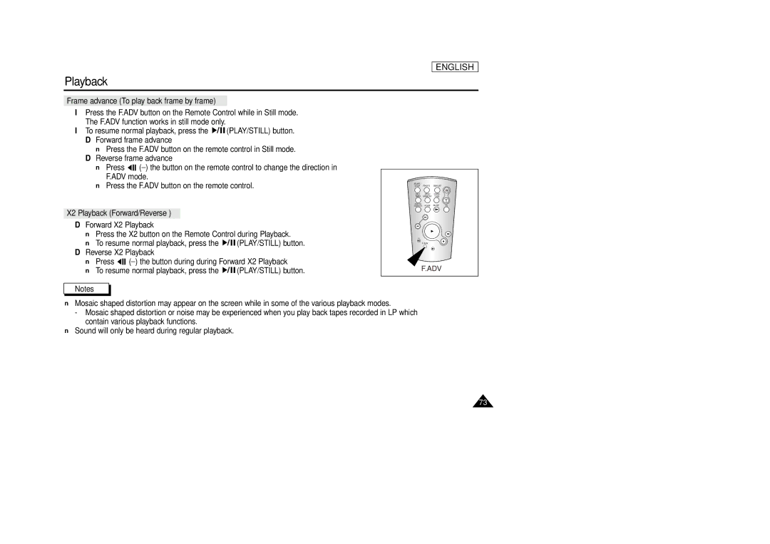 Samsung SCD86/D87 manual Frame advance To play back frame by frame, X2 Playback Forward/Reverse, Adv 