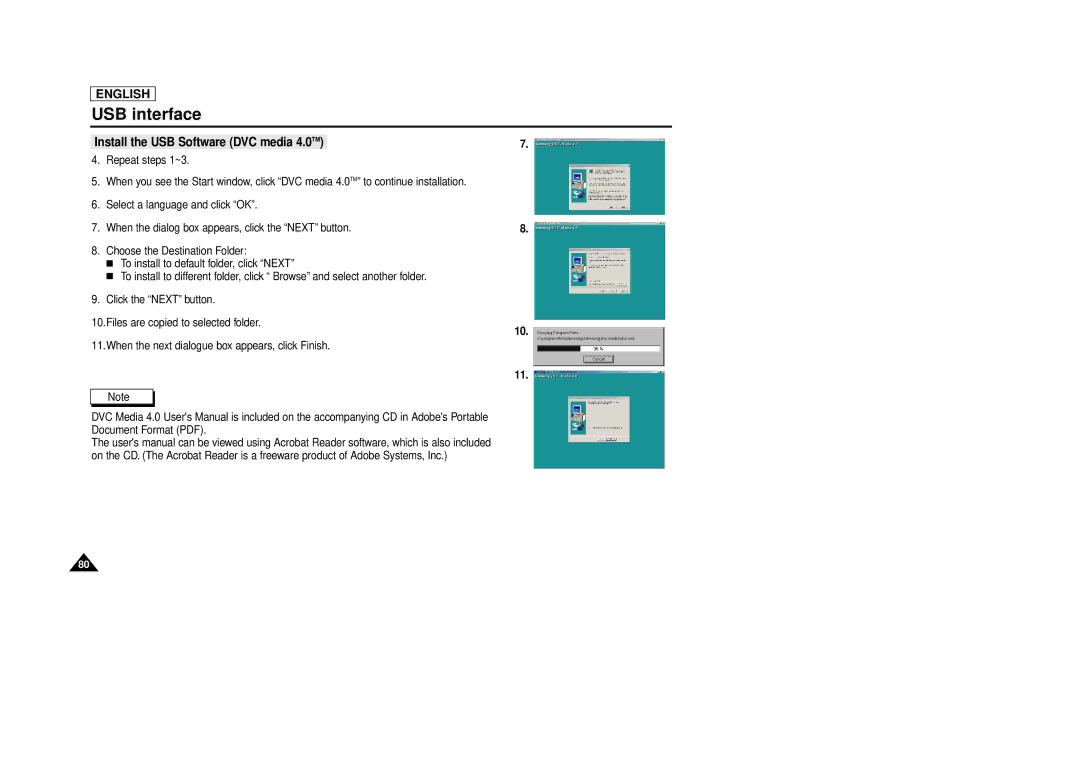 Samsung SCD86/D87 manual Install the USB Software DVC media 4.0 TM 