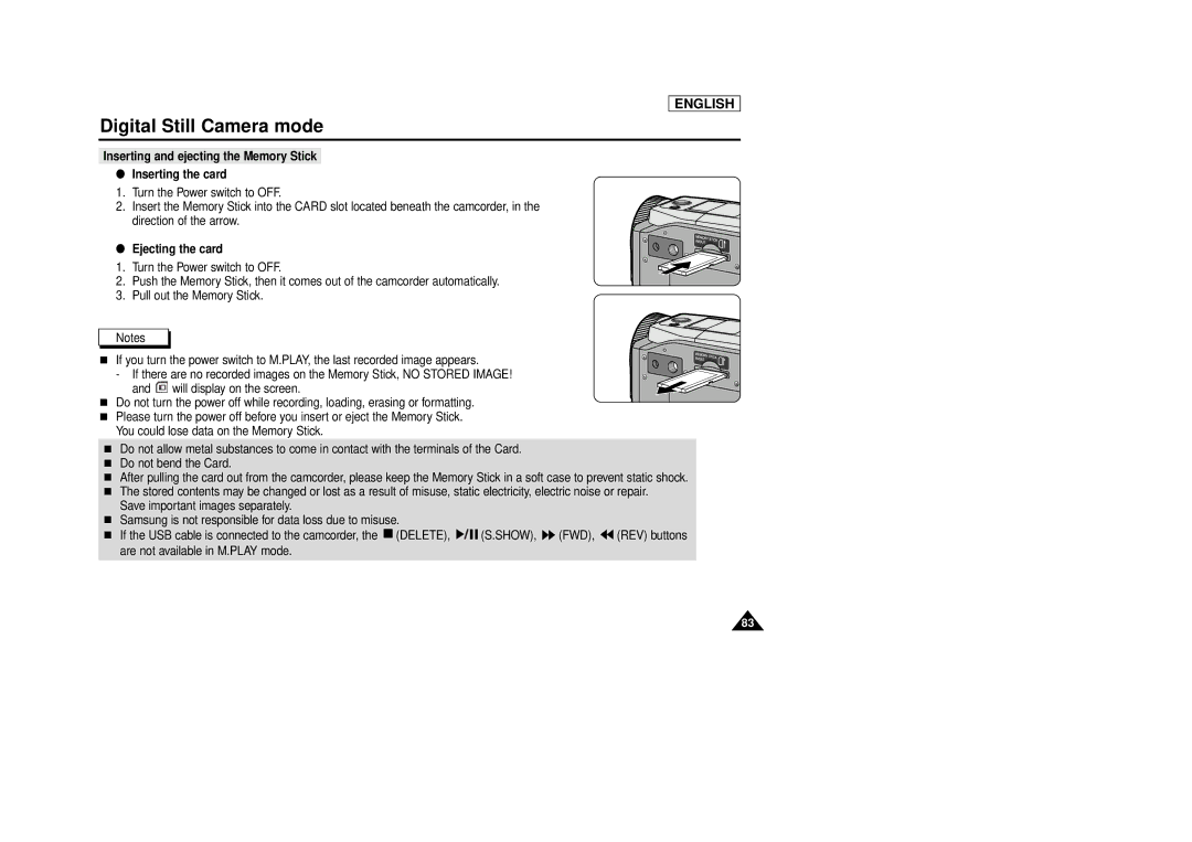 Samsung SCD86/D87 manual Inserting and ejecting the Memory Stick Inserting the card, Ejecting the card 