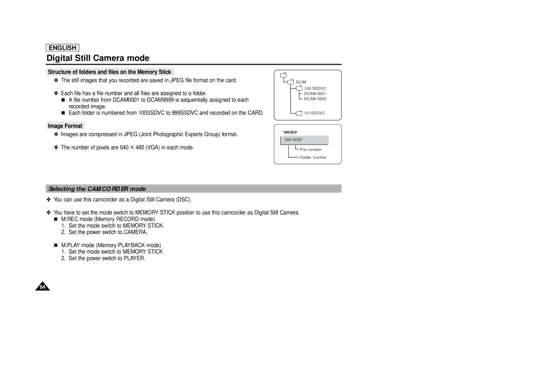 Samsung SCD86/D87 manual Selecting the Camcorder mode, Structure of folders and files on the Memory Stick, Image Format 