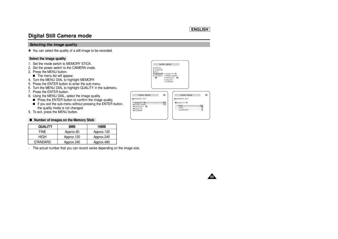 Samsung SCD86/D87 Selecting the image quality, Select the image quality, Number of images on the Memory Stick, Quality 8MB 