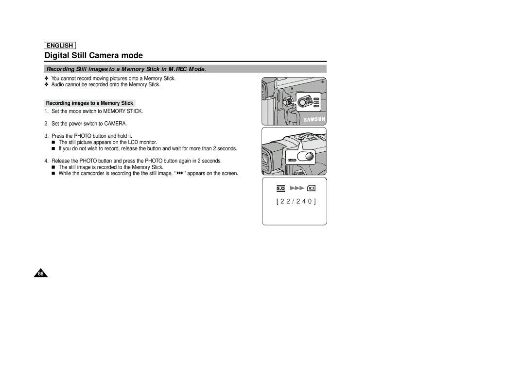 Samsung SCD86/D87 manual Recording Still images to a Memory Stick in M.REC Mode, Recording images to a Memory Stick 