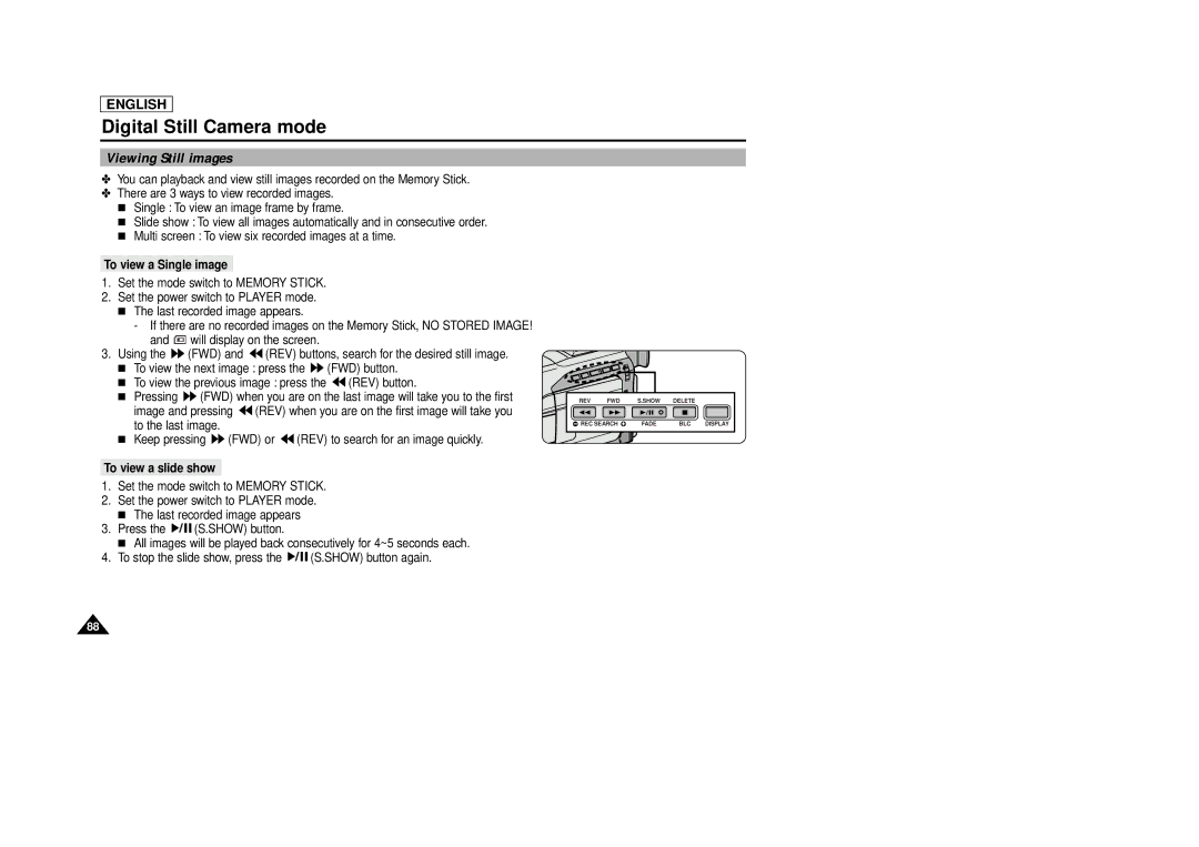 Samsung SCD86/D87 manual Viewing Still images, To view a Single image, To view a slide show 