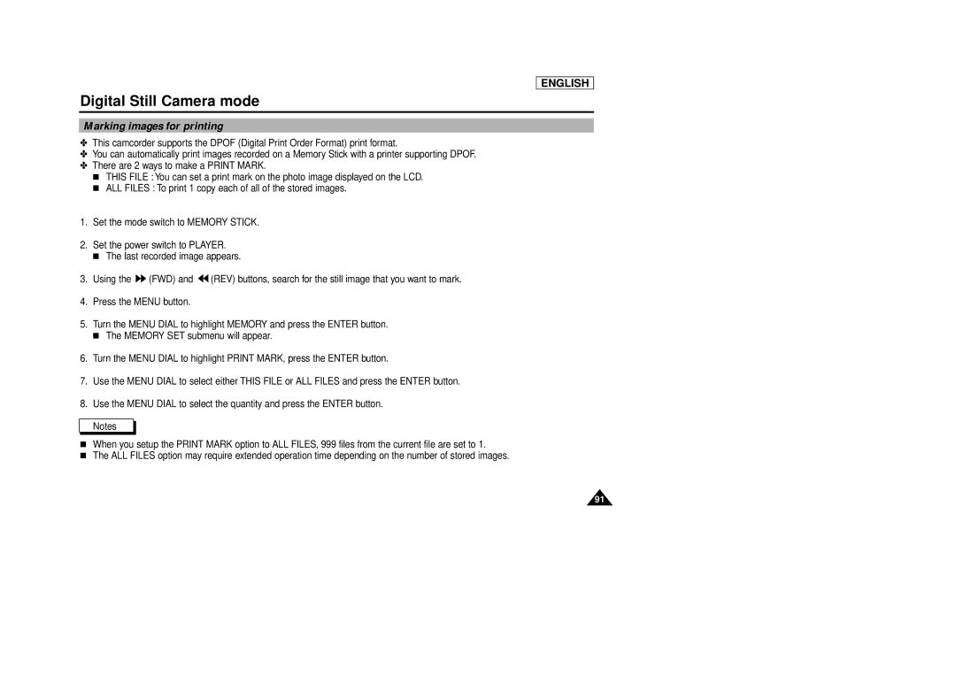 Samsung SCD86/D87 manual Marking images for printing 