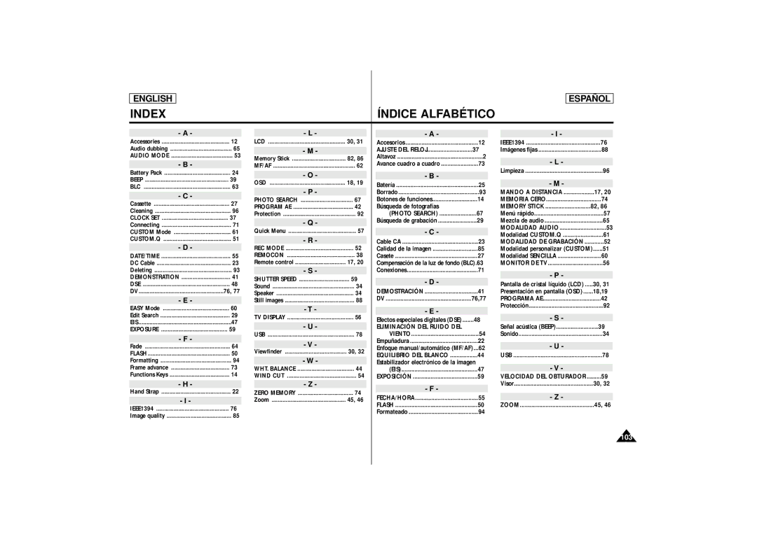 Samsung SCD86, SCD87 manual Index Índice Alfabético 