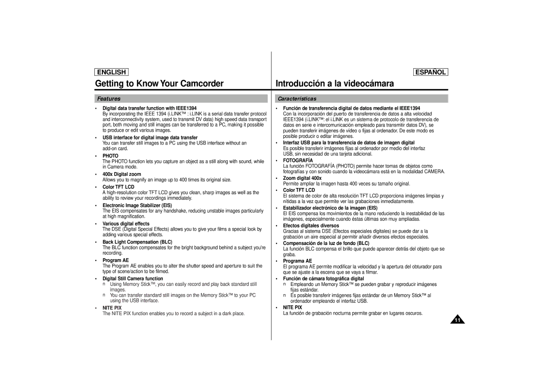 Samsung SCD86, SCD87 manual Features Características, USB interface for digital image data transfer 