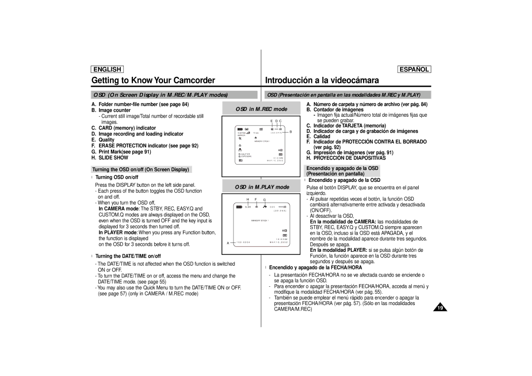 Samsung SCD86, SCD87 manual OSD in M.REC mode, OSD in M.PLAY mode 