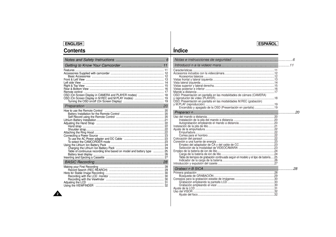 Samsung SCD87, SCD86 manual Contents Índice 