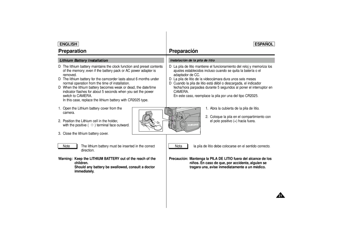Samsung SCD86, SCD87 manual Lithium Battery Installation Instalación de la pila de litio, Camera 