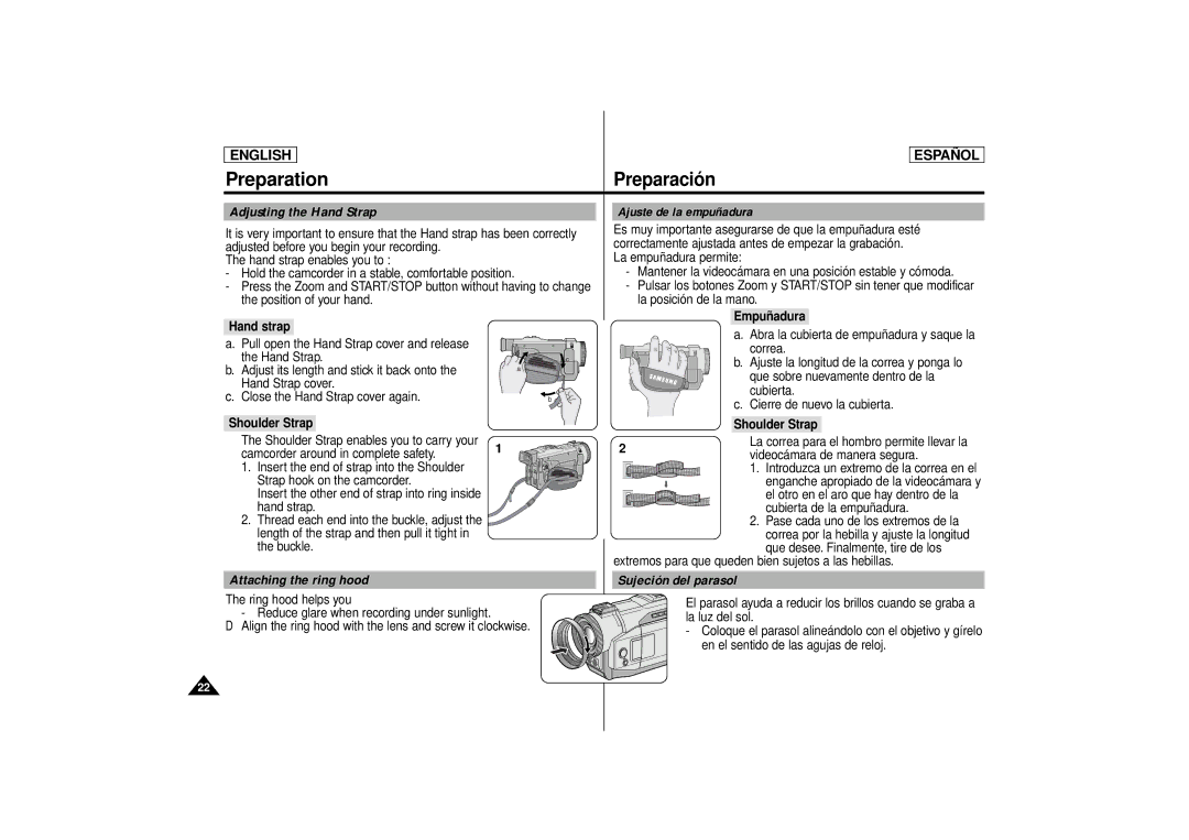 Samsung SCD87, SCD86 manual Adjusting the Hand Strap Ajuste de la empuñadura, Attaching the ring hood Sujeción del parasol 