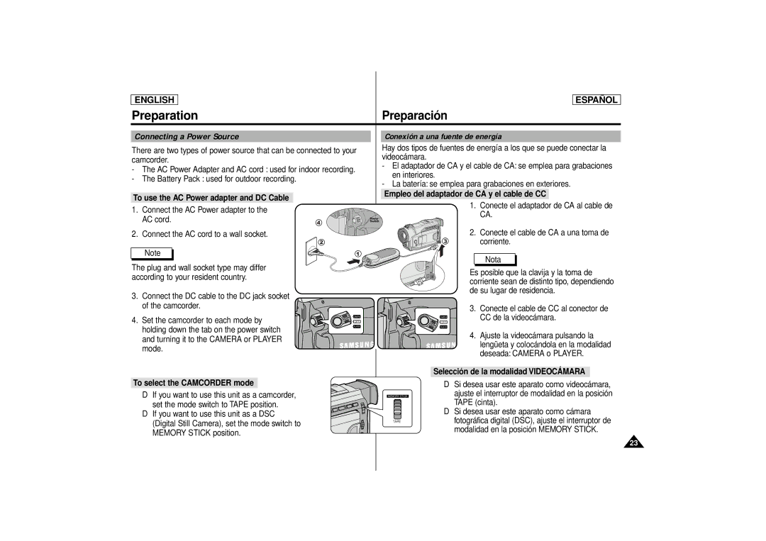 Samsung SCD86, SCD87 manual Connecting a Power Source, Selección de la modalidad Videocámara, To select the Camcorder mode 