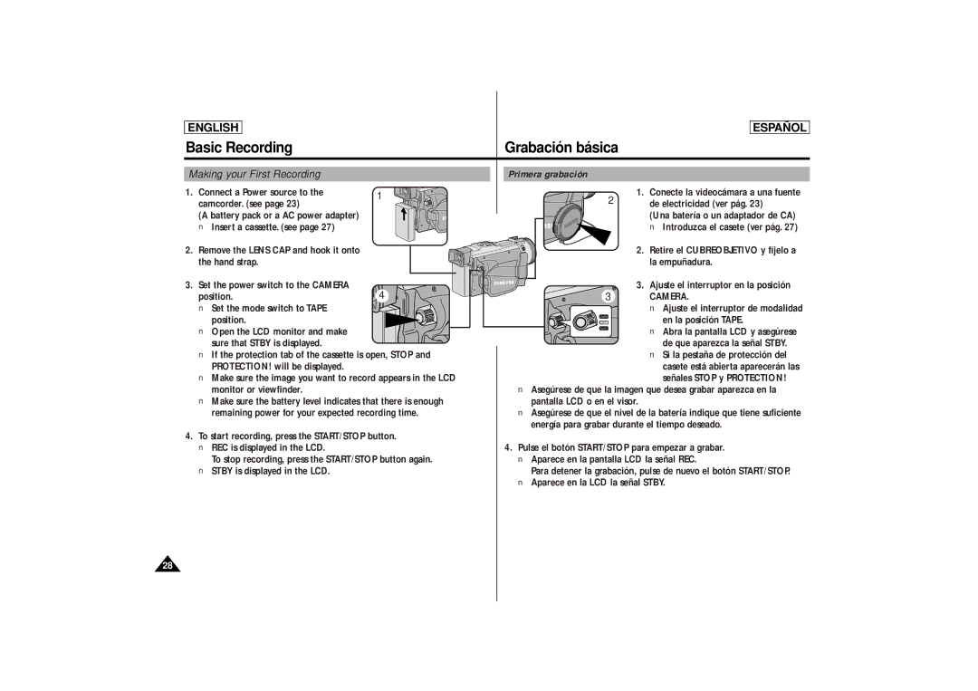 Samsung SCD87, SCD86 manual Basic Recording Grabación básica, Making your First Recording Primera grabación 