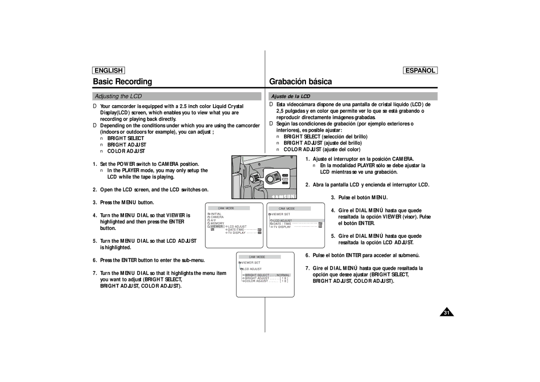 Samsung SCD86, SCD87 Adjusting the LCD Ajuste de la LCD, Bright Select, Bright Adjust, Bright ADJUST, Color Adjust 