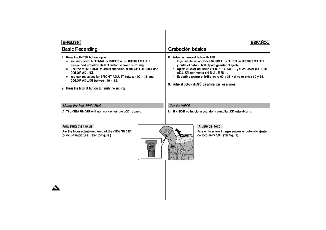 Samsung SCD87, SCD86 manual Using the Viewfinder Uso del Visor, Ajuste del foco 