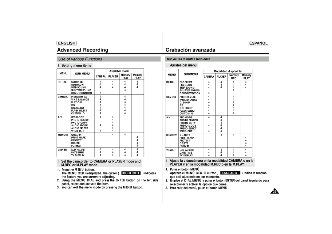 Samsung SCD86, SCD87 manual Advanced Recording Grabación avanzada, Use of various Functions 