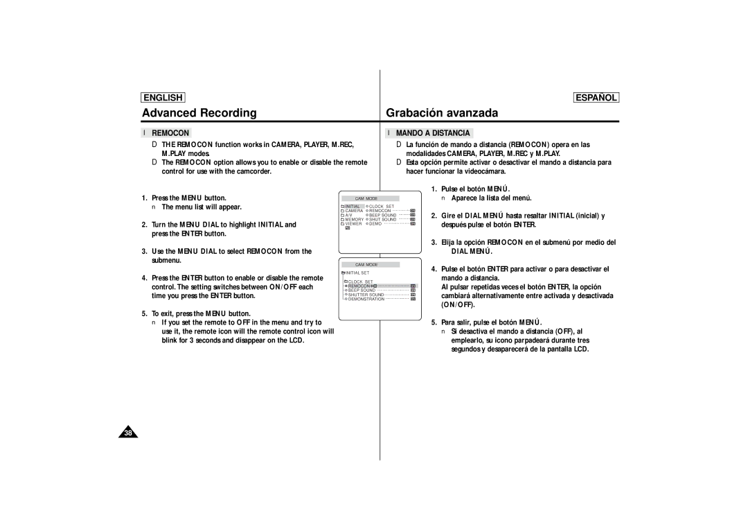 Samsung SCD87, SCD86 manual Remocon Mando a Distancia, Dial Menú, On/Off 