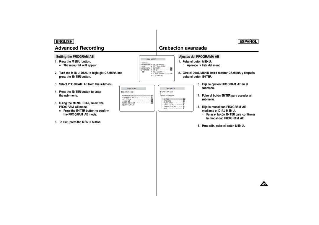 Samsung SCD86, SCD87 manual Setting the Program AE Ajustes del Programa AE 