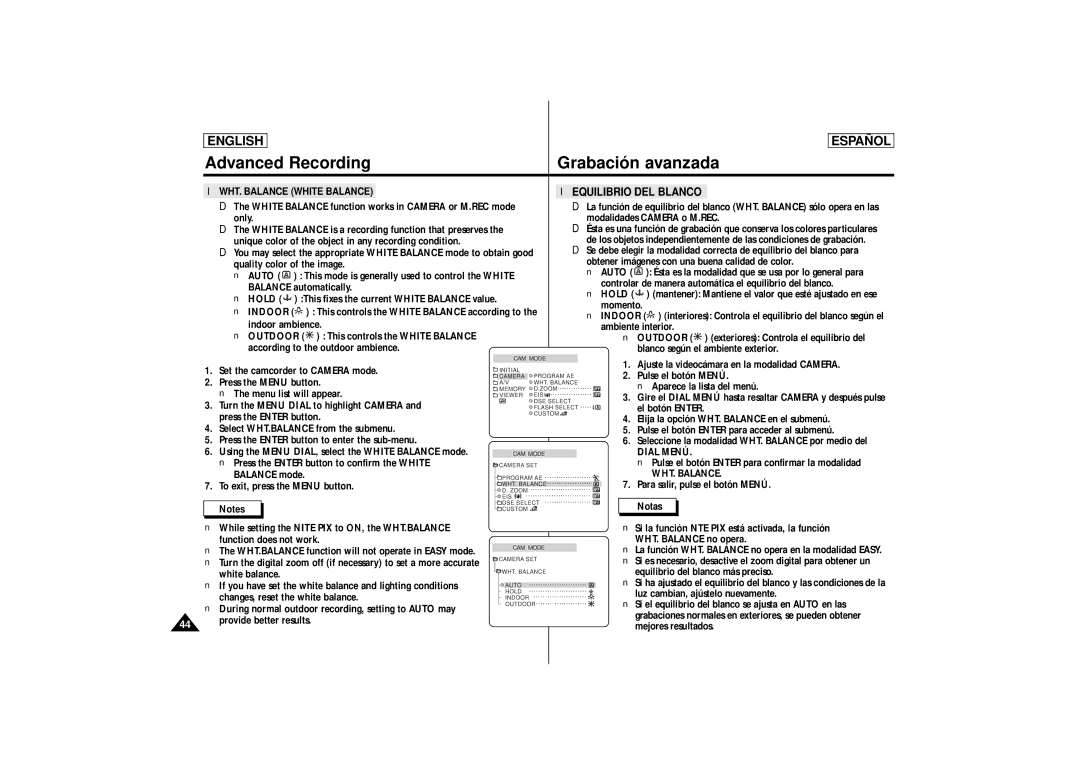 Samsung SCD87, SCD86 manual Equilibrio DEL Blanco, Auto 