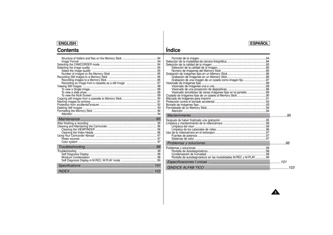 Samsung SCD86, SCD87 manual Maintenance, Troubleshooting, 101, Specifications, 103 