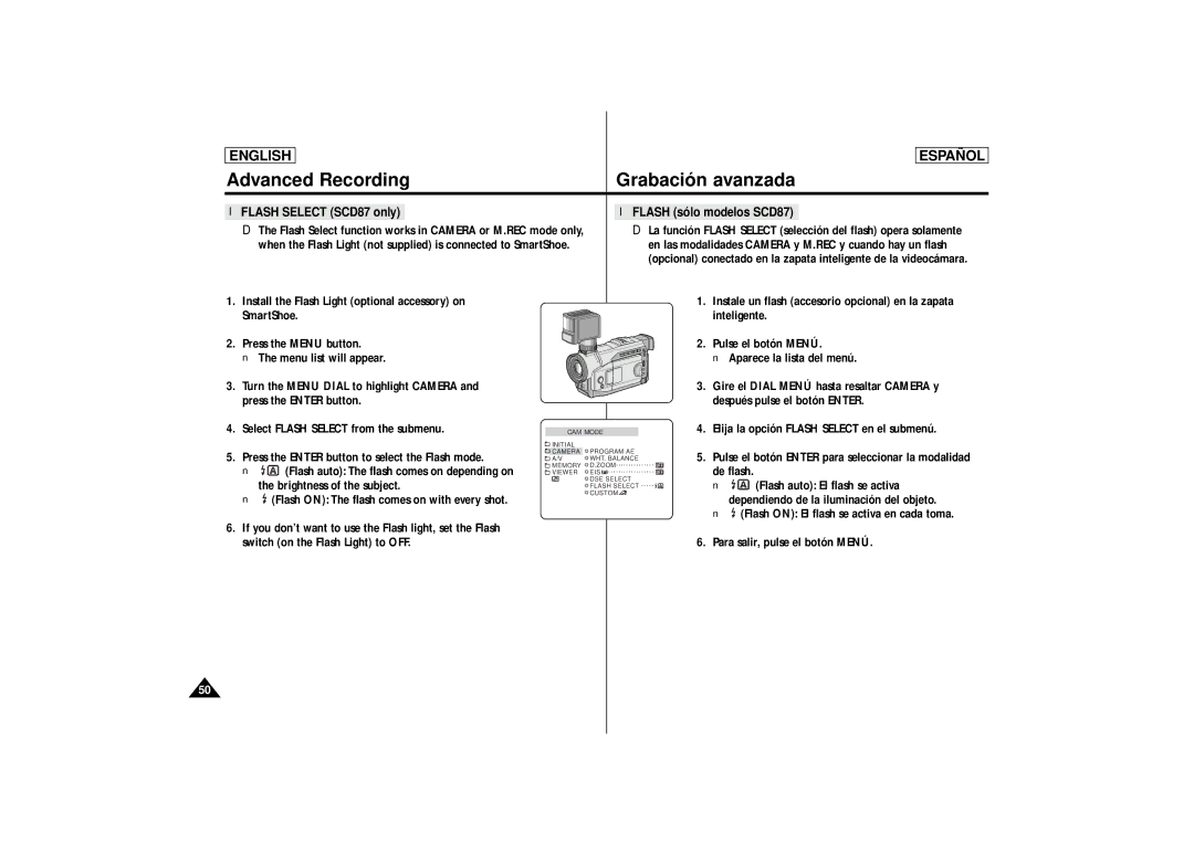 Samsung SCD86 manual Flash Select SCD87 only 