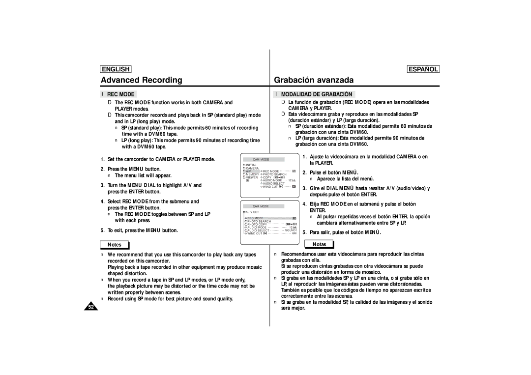 Samsung SCD87, SCD86 manual REC Mode Modalidad DE Grabación, Enter 