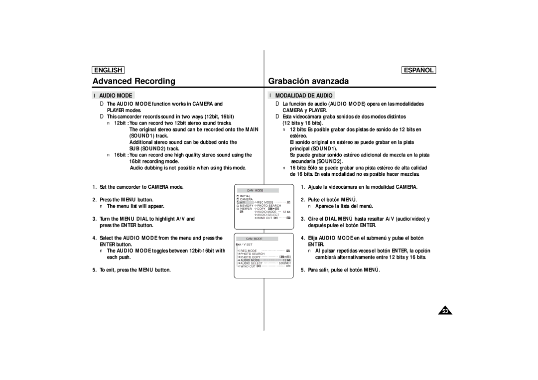 Samsung SCD86, SCD87 manual Audio Mode Modalidad DE Audio 