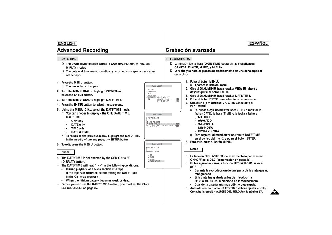 Samsung SCD86, SCD87 manual Date/Time Fecha/Hora 