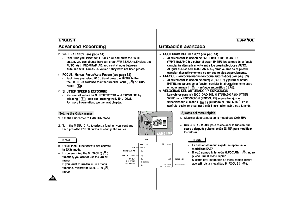 Samsung SCD87, SCD86 manual WHT. Balance see Equilibrio DEL Blanco ver pág, Focus Manual Focus/Auto Focus see 