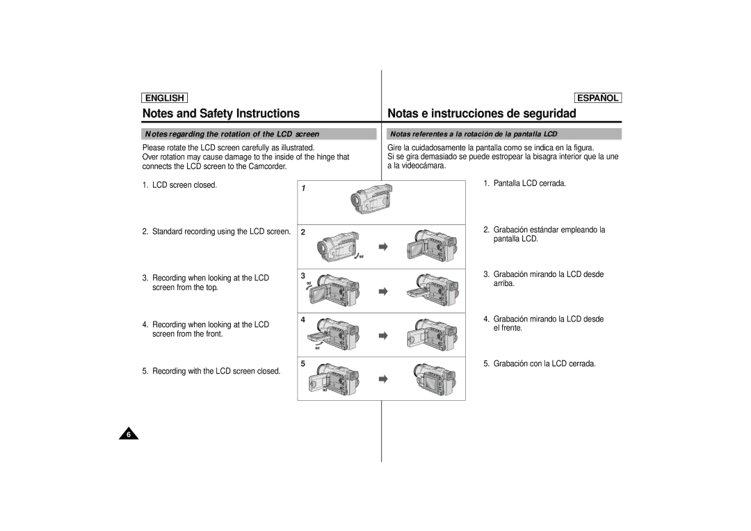 Samsung SCD87, SCD86 manual Notas e instrucciones de seguridad, Notas referentes a la rotación de la pantalla LCD 