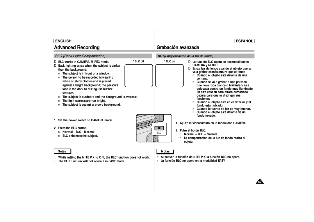 Samsung SCD86, SCD87 manual BLC works in CAMERA/M.REC mode 