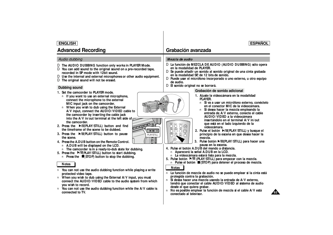 Samsung SCD86, SCD87 manual Audio dubbing, Dubbing sound, Grabación de sonido adicional, Player 