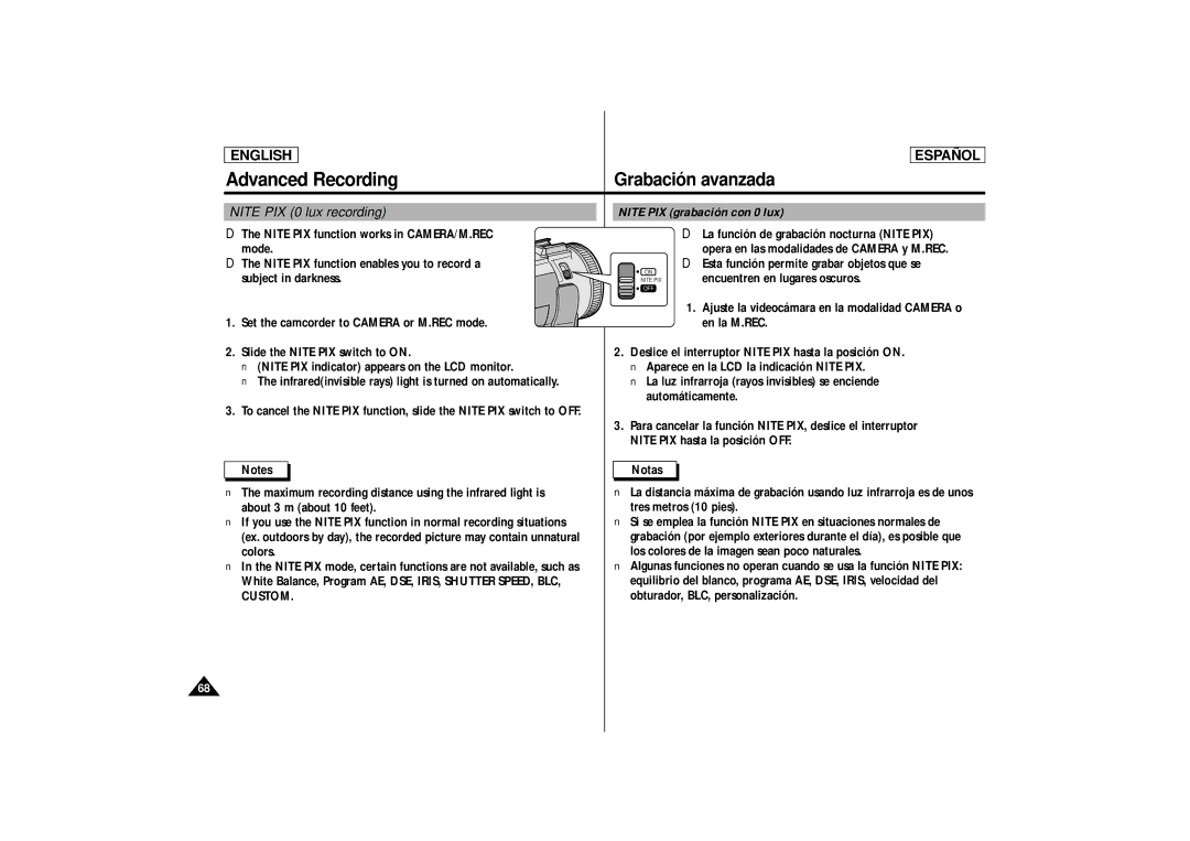 Samsung SCD87, SCD86 manual Nite PIX 0 lux recording Nite PIX grabación con 0 lux, Custom 