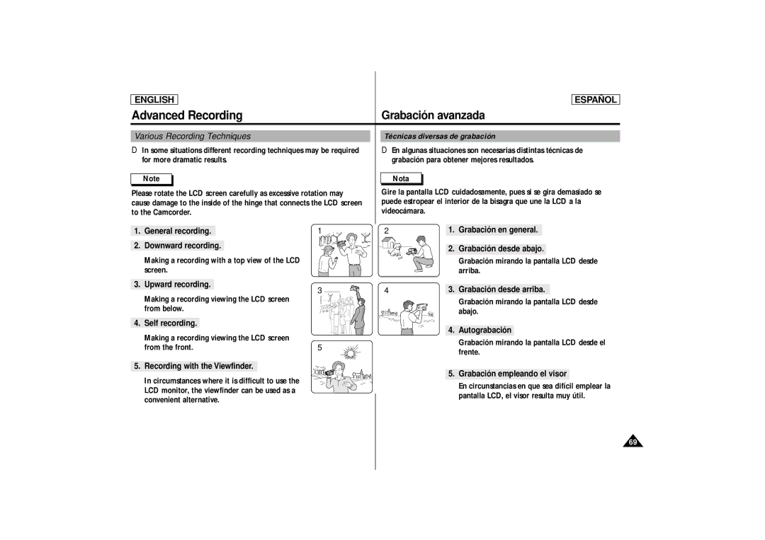 Samsung SCD86, SCD87 manual Various Recording Techniques Técnicas diversas de grabación 