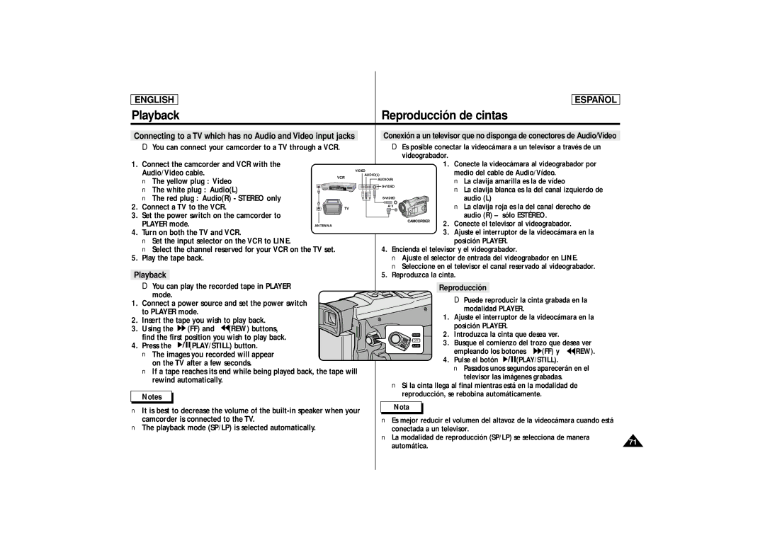 Samsung SCD86, SCD87 manual Connecting to a TV which has no Audio and Video input jacks, Playback, Reproducción 